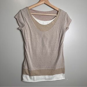 Necessitees Women's Beige/Tan Layered Scoop Neck Cotton T-Shirt USA Made Size S
